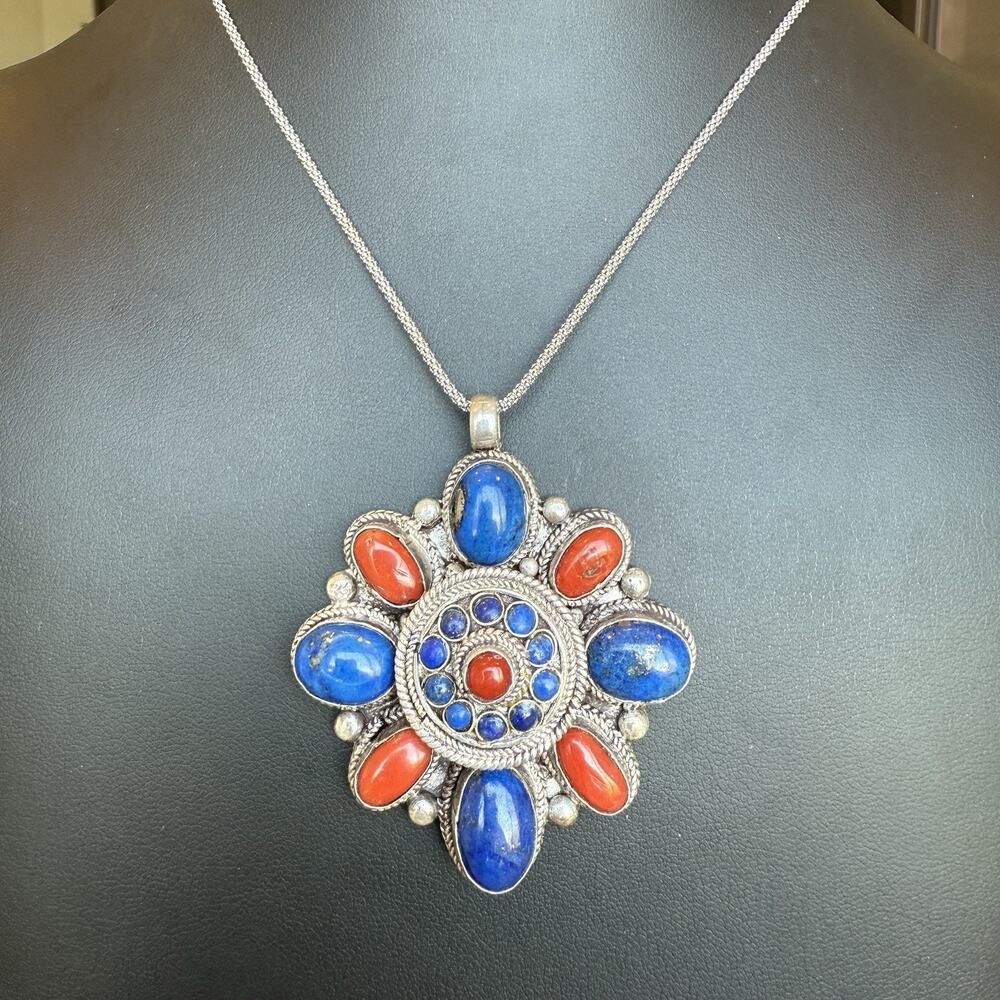 Sterling Silver Lapis Coral Jasper Bali Style Ghau Box Poison Locket Necklace
